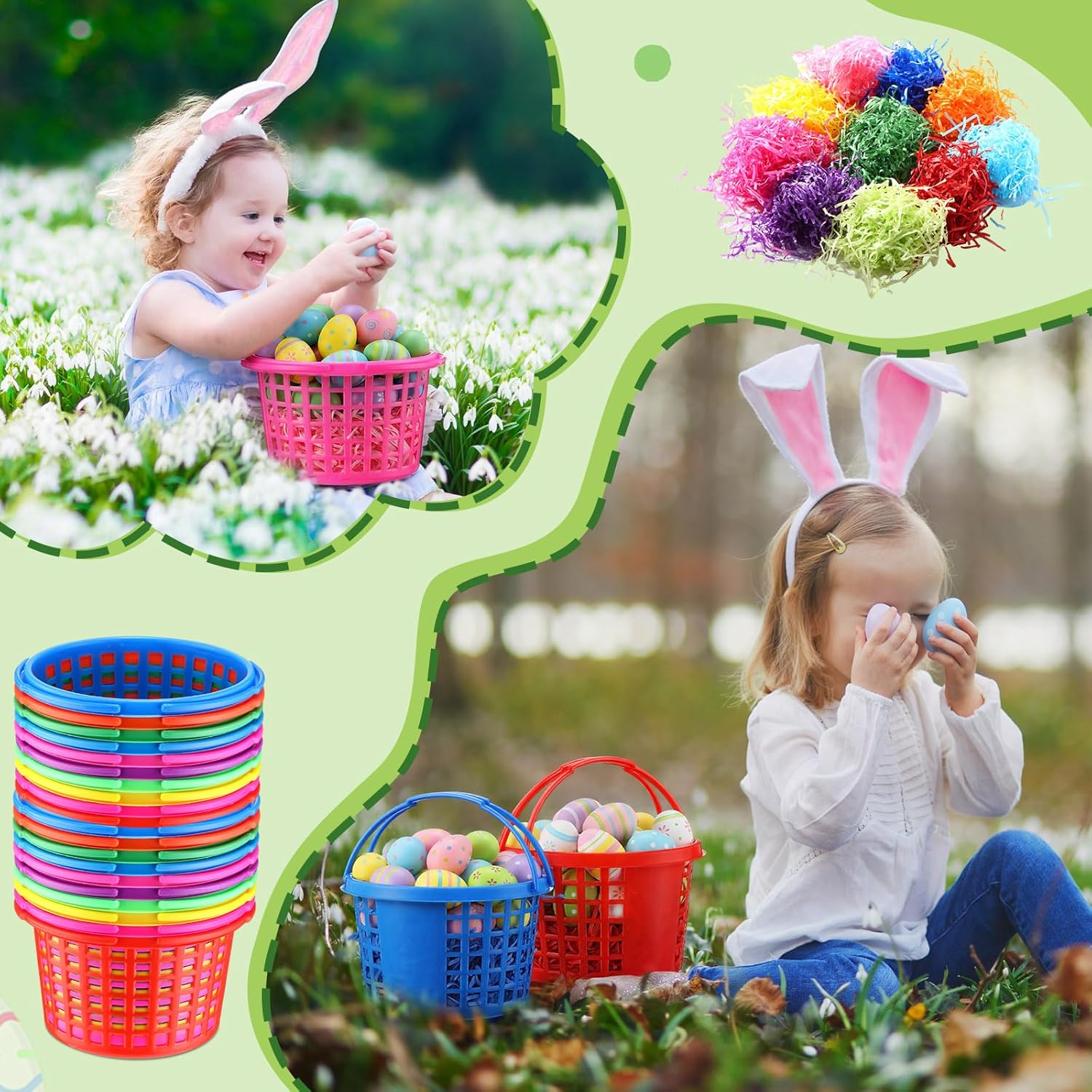 Wenqik 30 Pcs Plastic Easter Baskets for Kids Bulk Easter Egg Baskets Empty Plastic Buckets for Kids with Handle Grass Stuffers Fillers for Party Favor egg Hunt Gift (Cute)