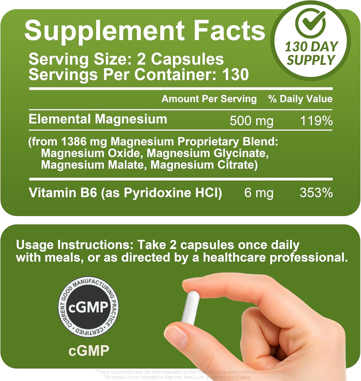 Magnesium Glycinate Complex Supplements, 260 Capsules (130 Servings) | 500mg Magnesium Glycinate, Citrate, Malate & Oxide | High Absorption, Vegan, Gluten Free, Easy to Swallow 260 Count (Pack of 1)