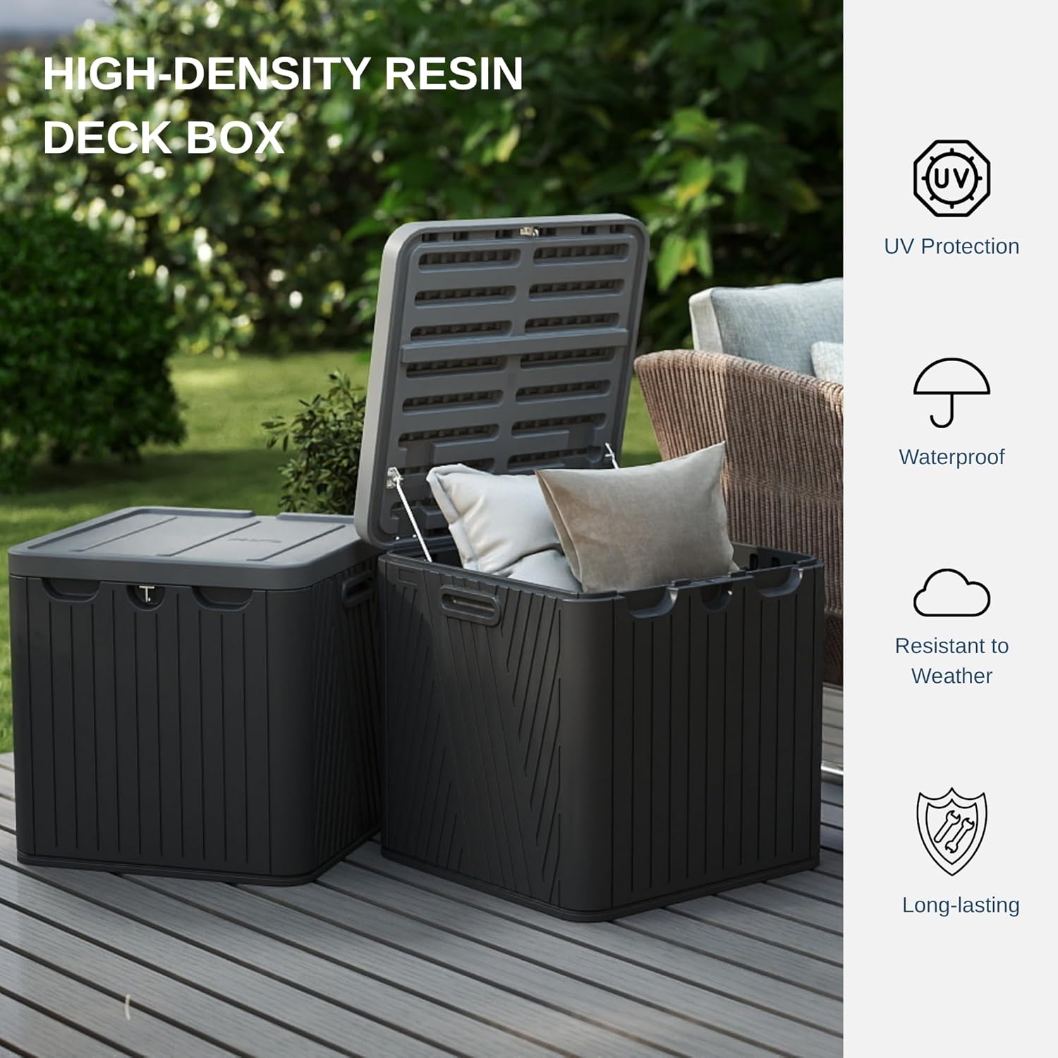 60 Gallon Outdoor Storage Box, Waterproof Patio Deck Box with Lockable Lid, Heavy-Duty HDPE Bench for Garden Tools, Cushions (Black, 60 Gallon)