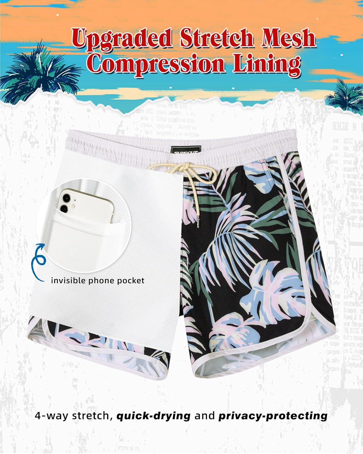 SURF CUZ Mens Swim Trunks with Compression Liner 5" Swimming Trunks 5 Inch Retro Swim Shorts with Zipper Pockets - Image 4
