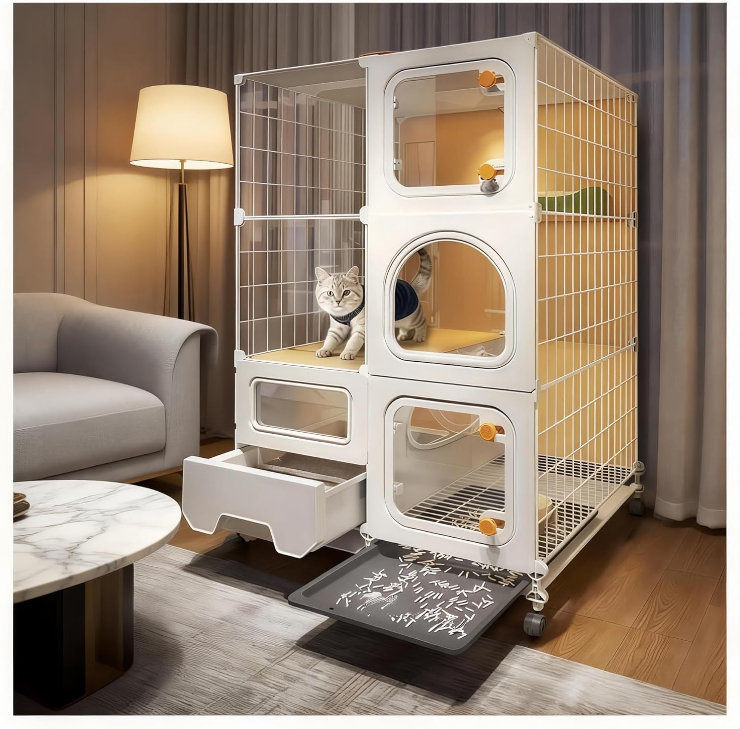 cat cage Indoor with Litter Box, Complimentary Bed, Bowl,Cleaning Three Piece Set,Large cat Enclosure, Cat House with Wheels Outdoor,Small Animal Cage cat Kennel (White, 28″(L) x18.1″(W) x46.1″(H)