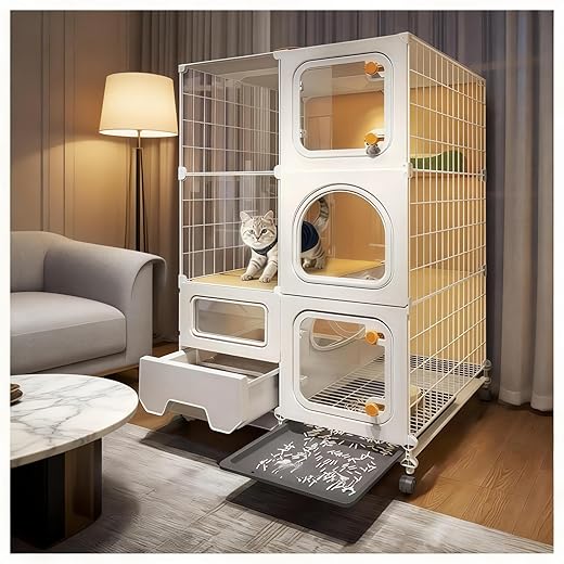 cat cage Indoor with Litter Box, Complimentary Bed, Bowl,Cleaning Three Piece Set,Large cat Enclosure, Cat House with Wheels Outdoor,Small Animal Cage cat Kennel (White, 28″(L) x18.1″(W) x46.1″(H)