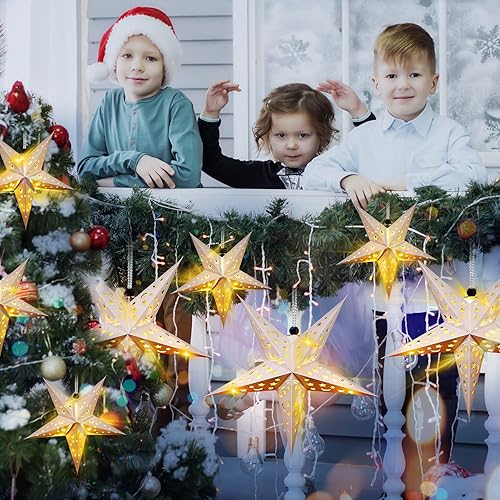 Miniatura 5 de Hortsun Juego de 20 faroles de papel de Navidad con forma de estrella, 2 tamaños, 17.7 pulgadas, 11.8 pulgadas, adornos colgantes de Navidad,