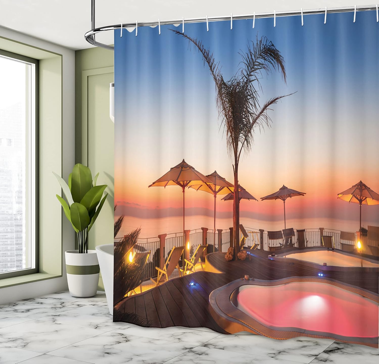 Ambesonne Landscape Shower Curtain, Summer Time Resort Place Sea at Evening Caribbean Warm Tranquil Calm Relaxation Photo, Cloth Fabric Bathroom Decor Set with Hooks, 70 Inches, Multicolor