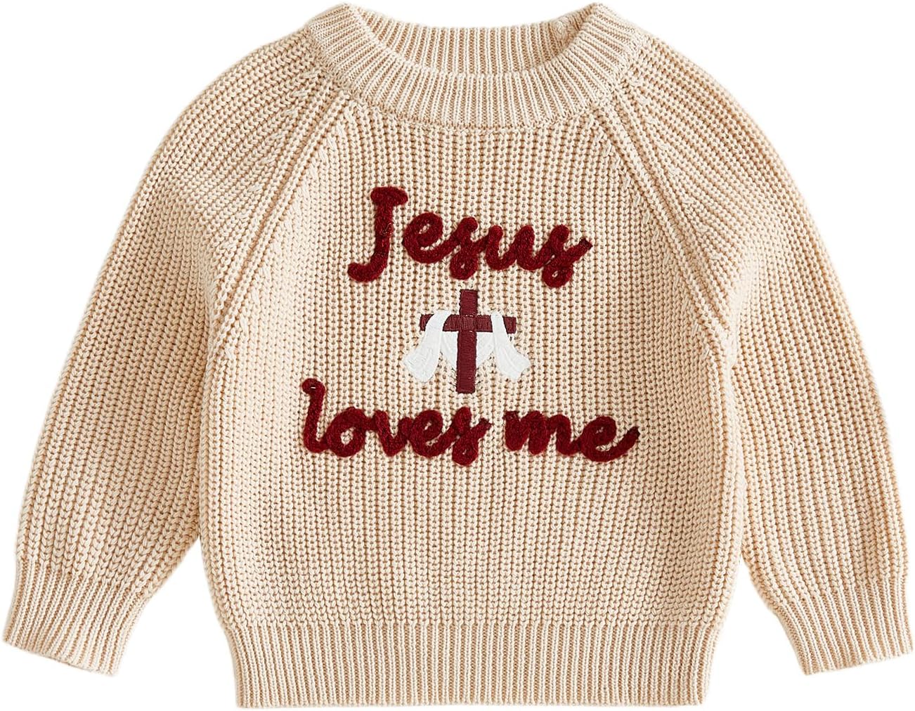 KMBANGI Newborn Toddler Baby Christian Outfit Jesus Loves Me Sweater Cross Long Sleeve Cable Knitted Sweatshirt Baptism 0-4T