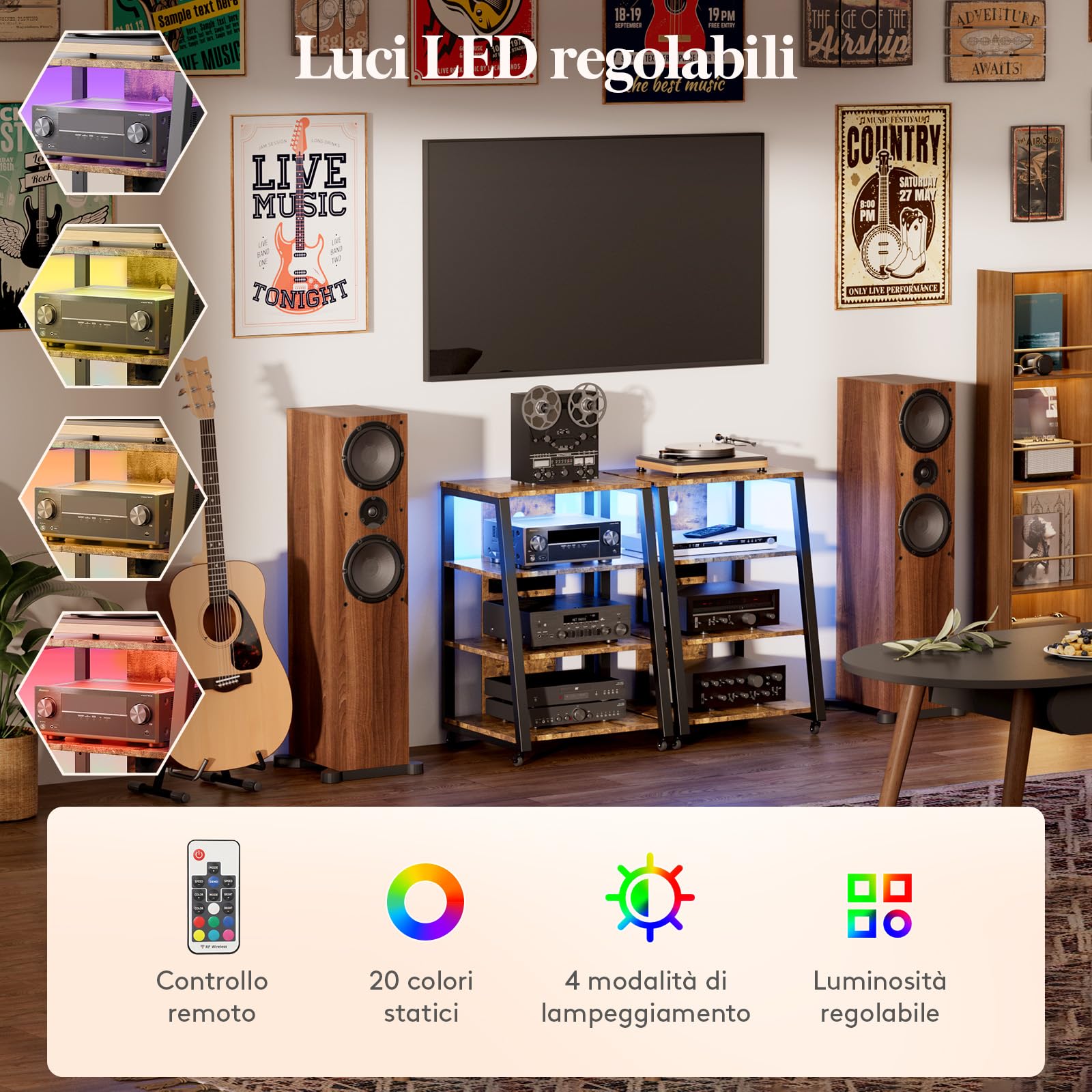 Lifewit Supporto audio a 4 livelli con prese elettriche e luci a LED, in legno e acciaio, per giradischi e impianti stereo e impianto compatto, marrone