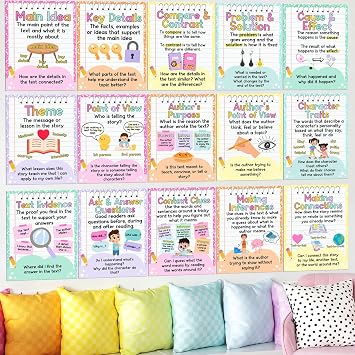 Ctosree 15 Pcs Reading Comprehension Posters for Classroom 14 x 10 Reading Bulletin Board Classroom Posters Elementary Educational Wall Decor for Hallways Library Middle High School Teacher Supplies