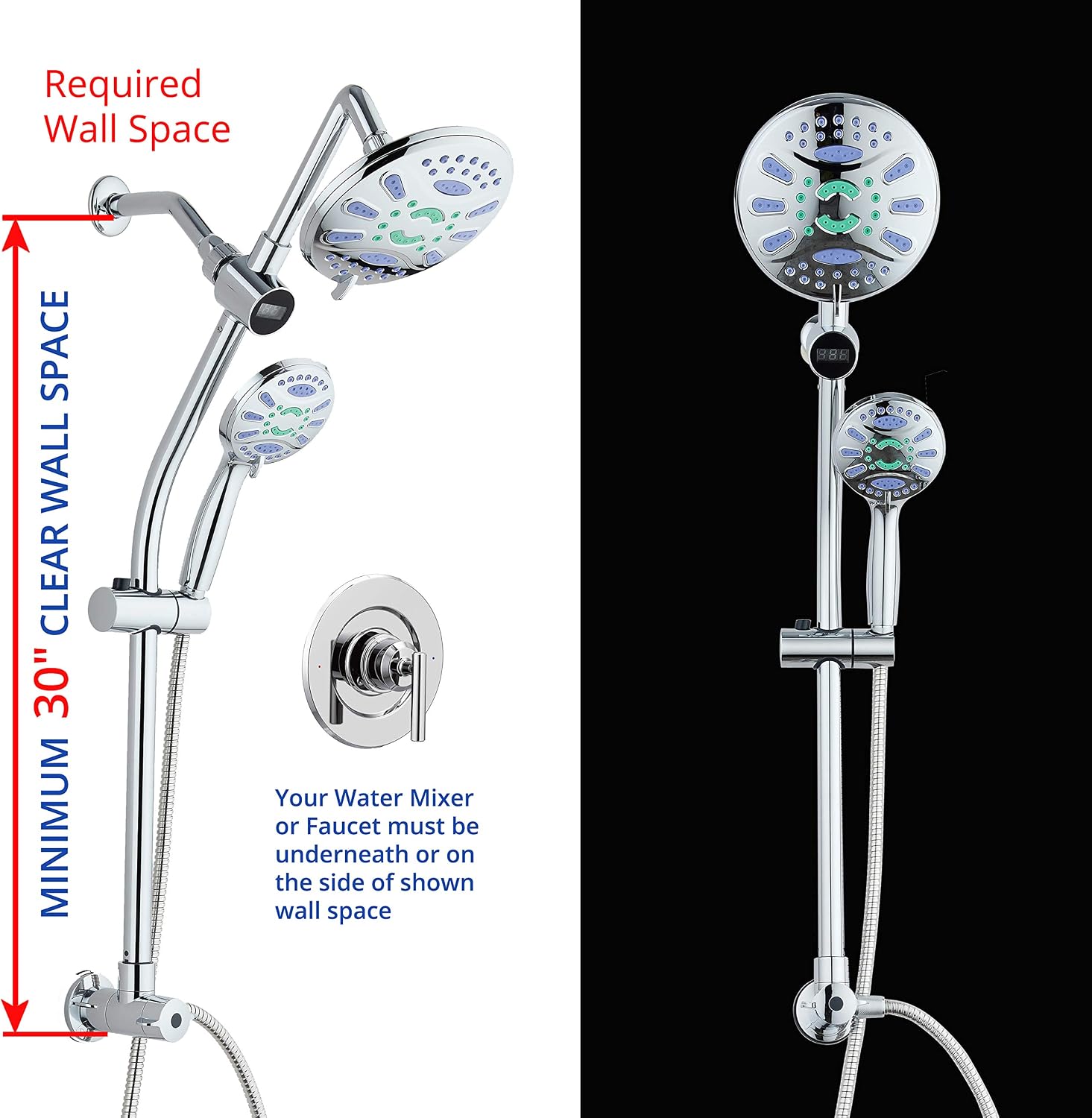 Spa Station 34" Drill-Free Slide Bar with 48-setting Anti-Clog Showerhead Combo & LED Temperature Display / 3-way Rain & Handheld Shower Head - Height Extension Arm - Stainless Steel Hose – Chrome