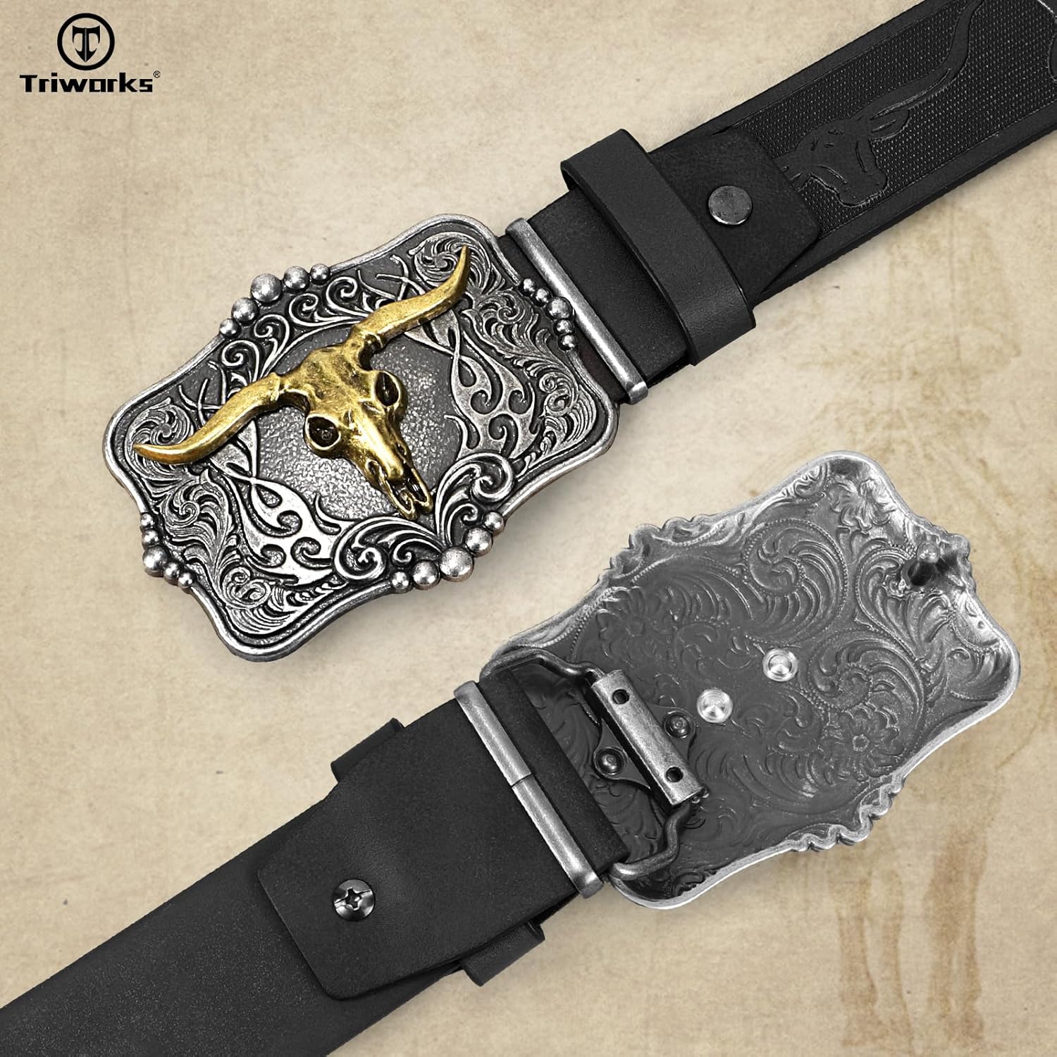 TRIWORKS Western Belt for Men Women Cowboy Leather Belt Western Buckle Cowgirl Engraved Belt - Image 4