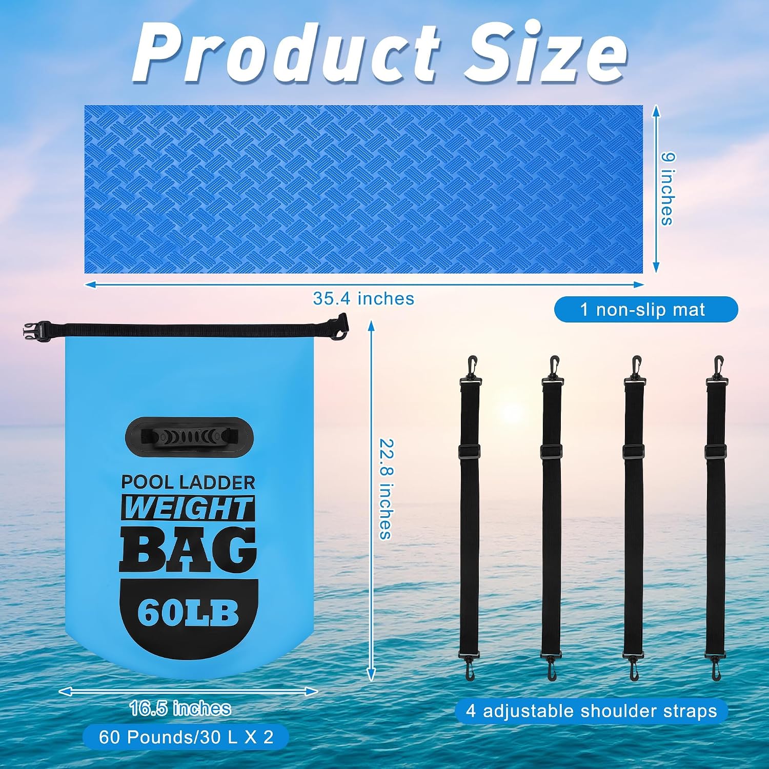 Hahood 2 Packs Pool Ladder Weights 30L Pool Step Weights with Pool Ladder Mat 500D PVC Waterproof Dry Bag with Heavy-Duty Handle for Above Ground Swimming Pool Steps, Blue
