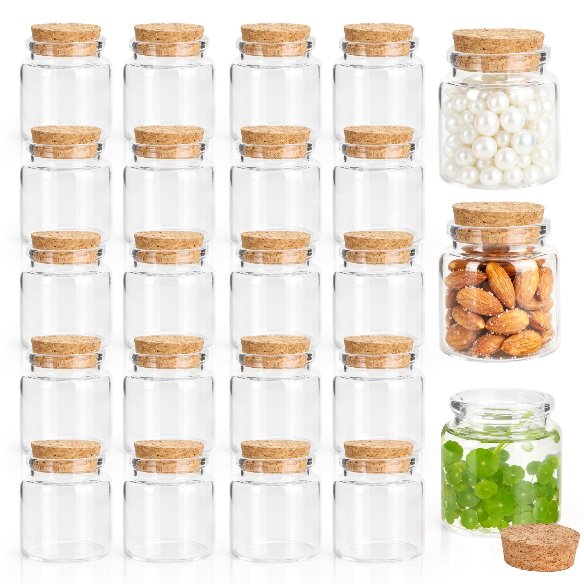 Axincardarm 20 Pcs Small Glass Cork Bottles 50ml Clear Empty Spell Jars, Mini Glass Jars with Cork Stoppers for Wedding Party Favors DIY Crafts