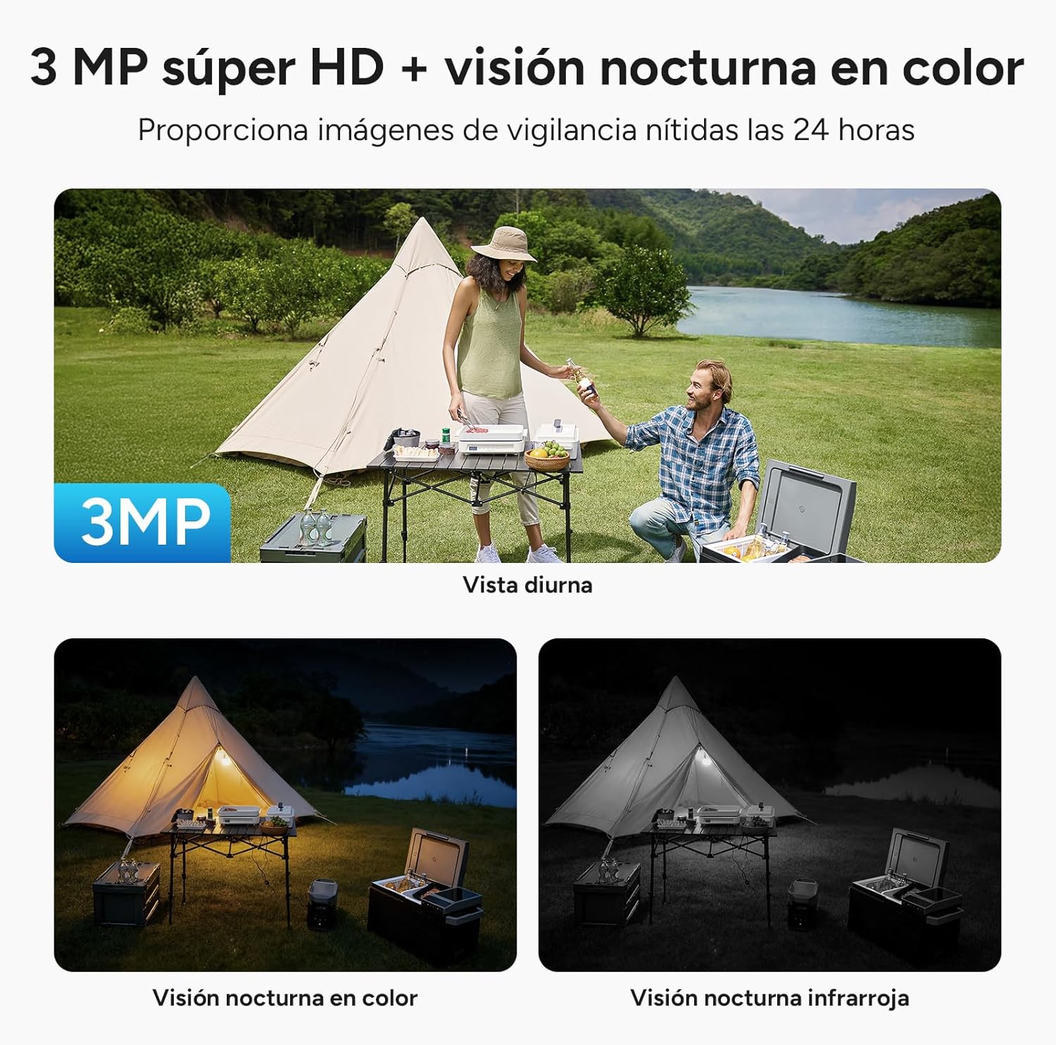 Image comparing daytime view, color night vision, and infrared night vision from the camera.