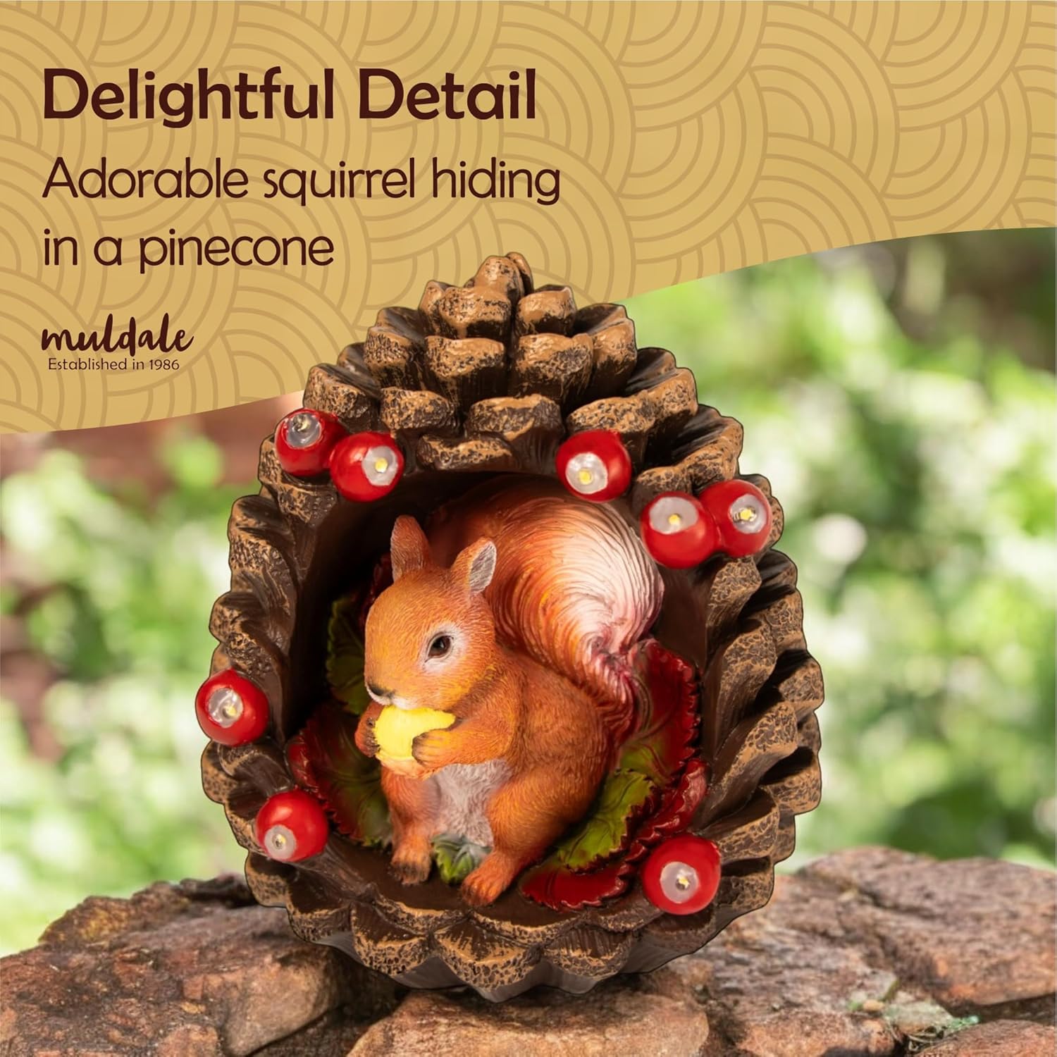 Muldale Garden Statue Solar Light Sidney Squirrel LED - Hand Painted Light Up Red Squirrel Figurine - Great for Outdoor Yard Decor - Gift Boxed