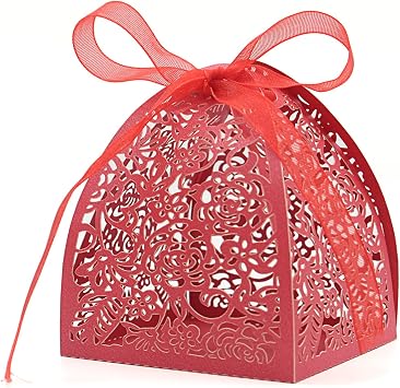 KPOSIYA Pack of 100 Laser Cut Rose Candy Boxes, Favor Boxes 2.5"x 2.5"x 3.1", Gift Boxes Bridal Shower Anniverary Birthday Party Wedding Favor 100,Red