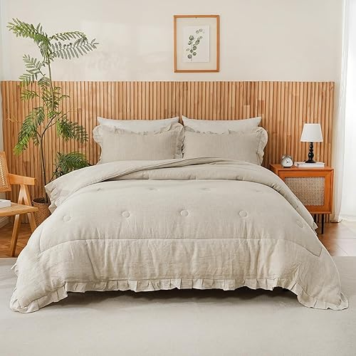 Merryword Linen Ruffled Comforter Set King Size 3 Pieces Natural French Flax Linen Bedding Shabby Chic Farmhouse Soft Breathable Moisture Wicking Comfy