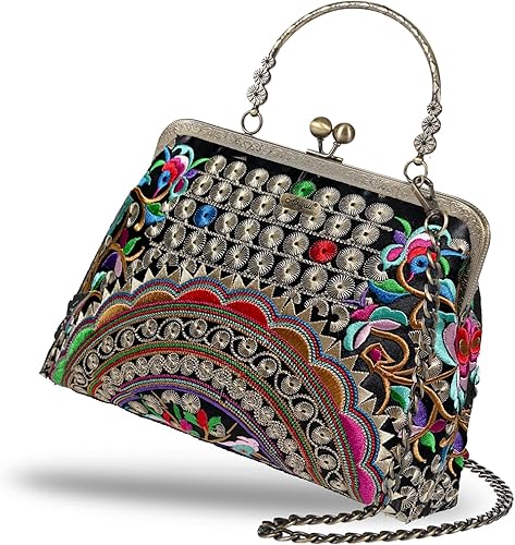 Abuyall Bolso floral con asa superior bolso de noche Kiss Lock para mujer bolso vintage Algodón negro