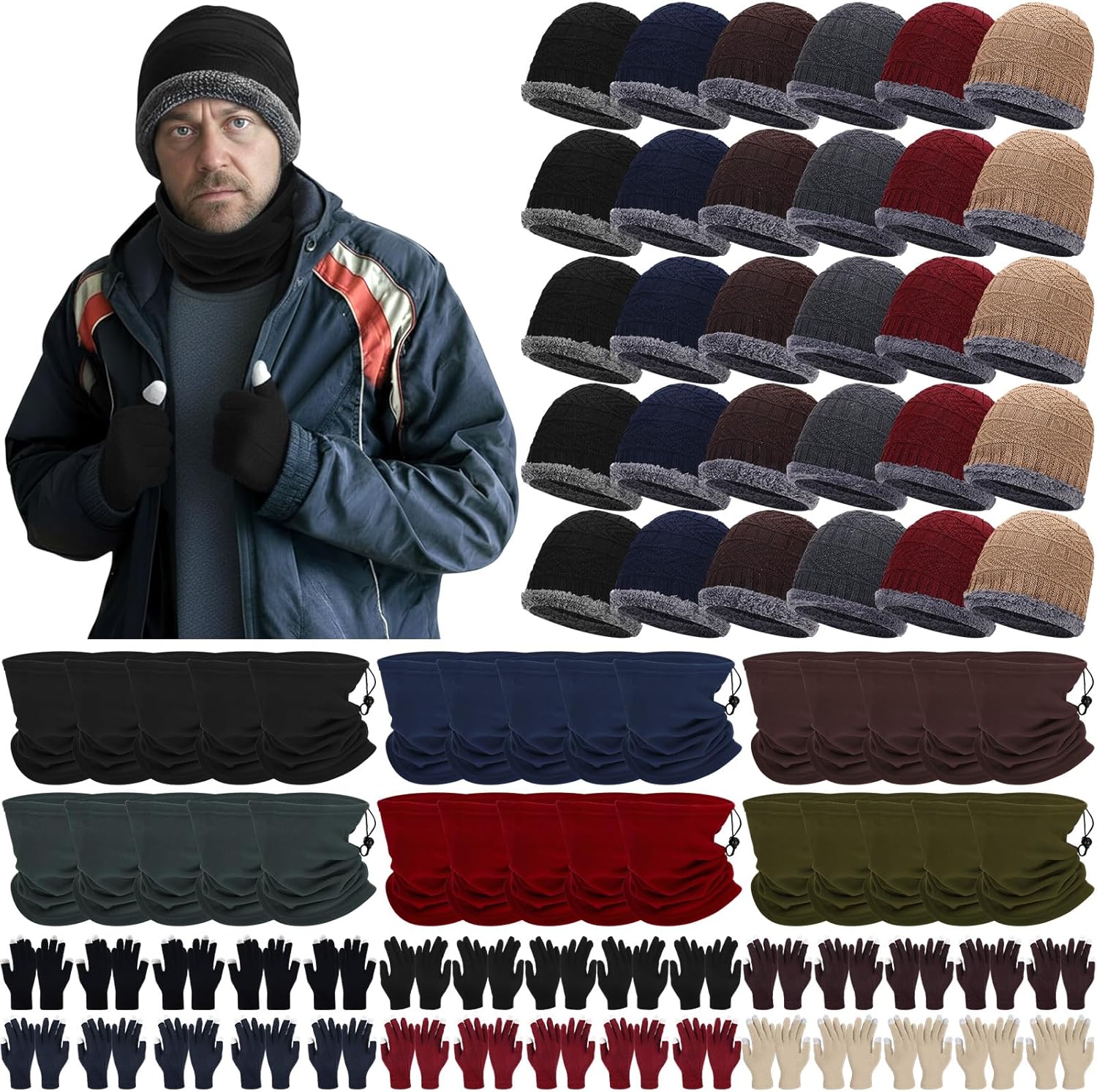 90-Piece Winter Gear Set: Beanies, Scarves & Touchscreen Gloves for Charity
