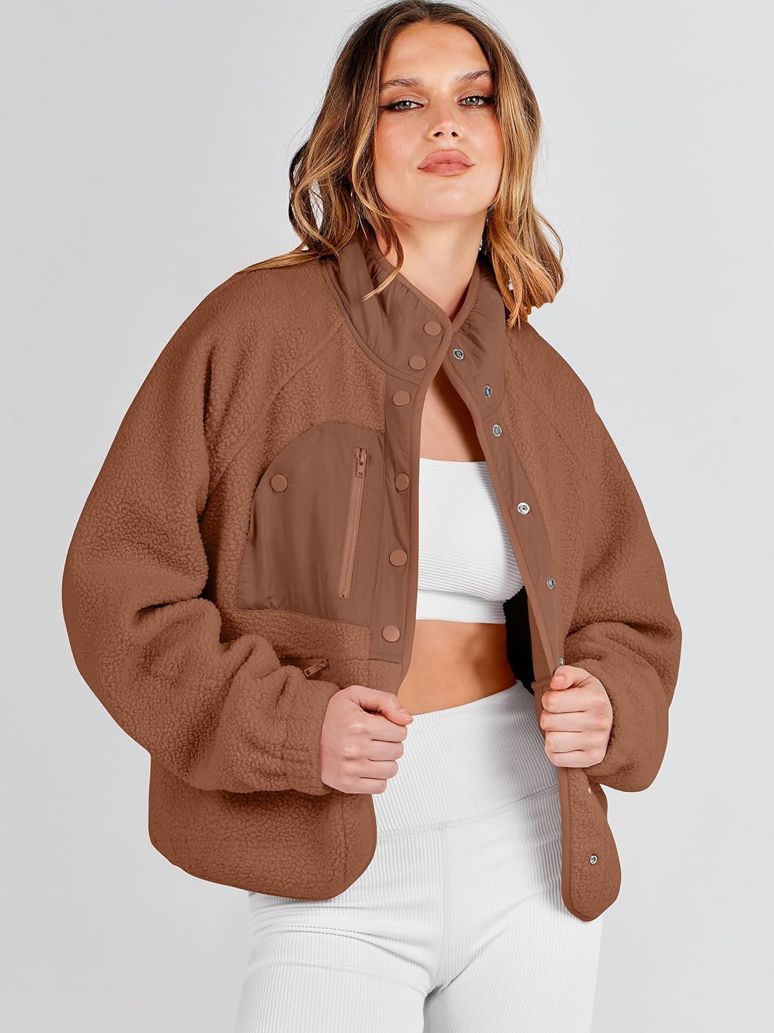 ANRABESS Womens Fuzzy Fleece Jacket Fall Casual Long Sleeve Cropped Sherpa Button Down Shacket Coats Outwear With Pockets - Image 2