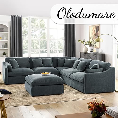 Miniatura 3 de Juego de sofá modular en forma de L con otomana, sofá de asiento profundo de combinación libre con relleno de plumas de plumón, 10 almohadas, sofá