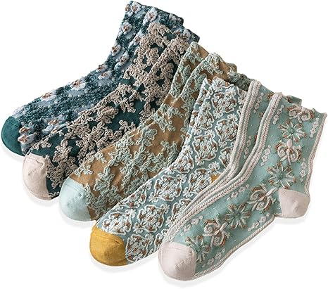 Amazon Co Jp 靴下 レディース 秋冬用 5足組 かわいい 花 花柄 刺繍 綿 クールソックス クラシカル 中厚手ソックス 防寒 女性用 おしゃれ ファッション