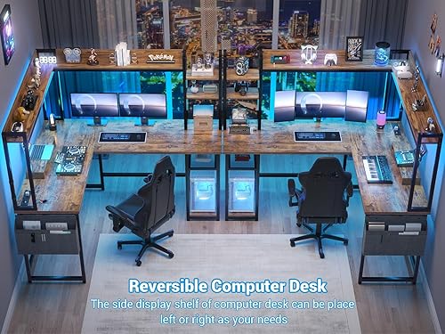 Miniatura 6 de Aheaplus Escritorio en forma de L con toma de corriente, escritorio para juegos en forma de L con luz LED y gabinete, escritorio reversible para