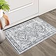 2x3 Grey Blue Washable Rug Soft Area Rug for Entryway, Non-Slip Indoor Door Mat Distressed Floral Low-Pile Kitchen Rugs, Neutral Vintage Carpet for Entrance Kitchen Bedside Farmhouse