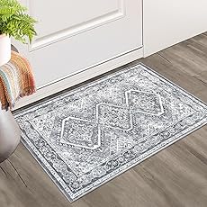2x3 Grey Blue Washable Rug Soft Area Rug for Entryway, Non-Slip Indoor Door Mat Distressed Floral Low-Pile Kitchen Rugs, Neutral Vintage Carpet for Entrance Kitchen Bedside Farmhouse