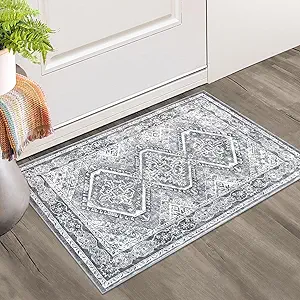 KUTA Rugs for Entryway Oriental Small Washable Area Rug 2x3 Grey Non-Slip Ultra Soft Printed Vintage Distressed Tribal Low-Pile Indoor Door Mat Carpet for Entrance Bedroom Kitchen