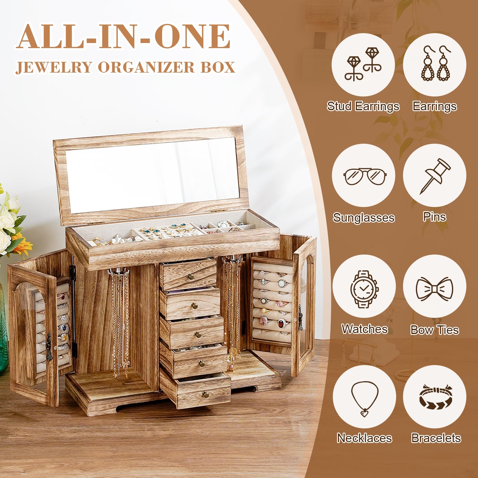 Boîte à Bijoux Femme, Rustique Grande Boite a Bijoux Bois avec Miroir, 6 couches Boite Rangement Bijoux Organisateur pour Colliers, Boucles D'oreilles, Bagues, Bracelets (Marron Rustique)