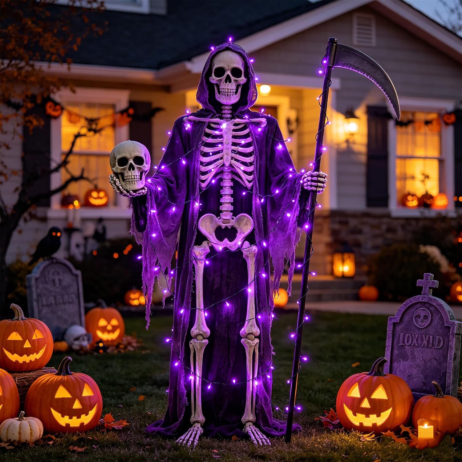 Fake Sickle,Black Cape,Skull Head,Purple Lights for 12ft Skeleton Outfit