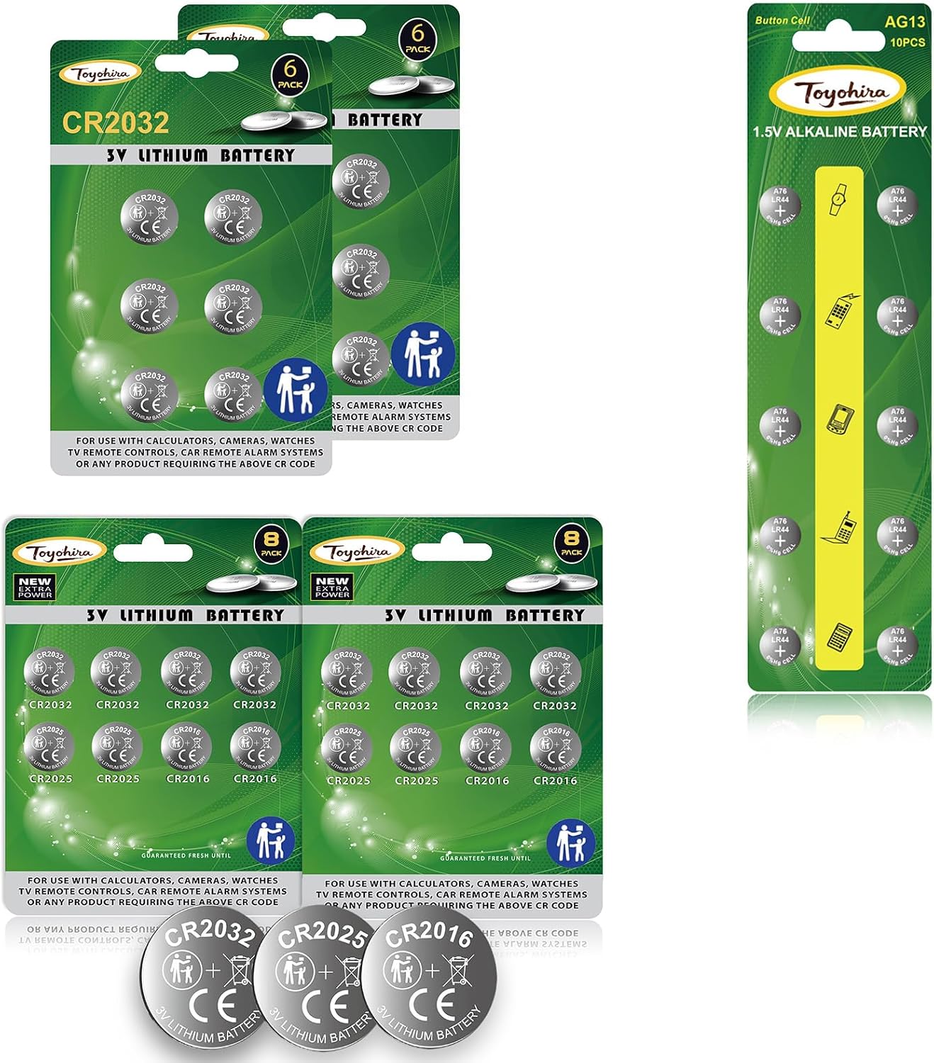 Mixed Lithium Coin Battery Pack, 20PCS CR2032 + 10PCS AB13 + 4PCS CR2016 + 4PCS CR2025 Assorted Button Batteries, Long Lasting Replacement Batteries for Car Key Fob, Watch, Remote Control, Toys, Small