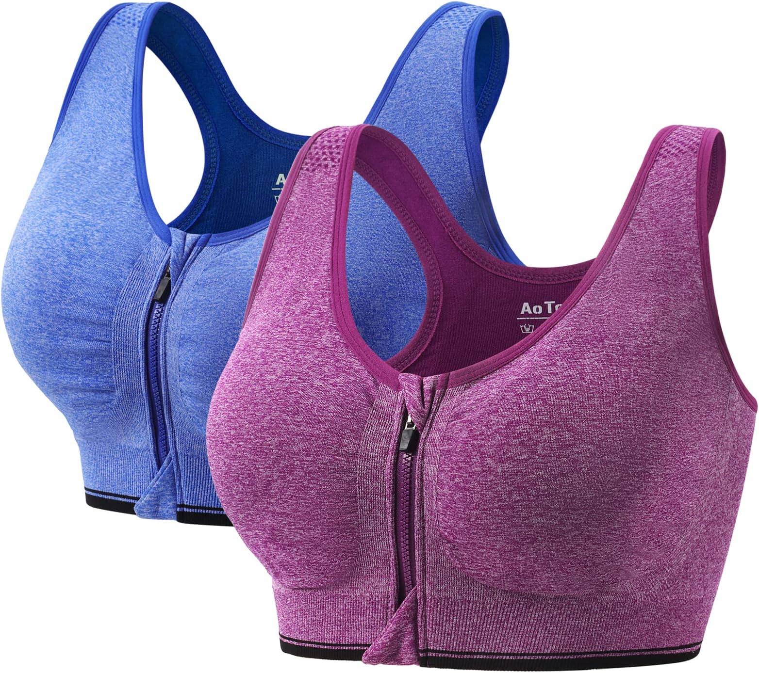 AoToZan2 Pack Women Sports Bras High Impact Seamless Wireless Padded Yoga Bralette, Zip Front Fastening Workout Running Gym Top Bra