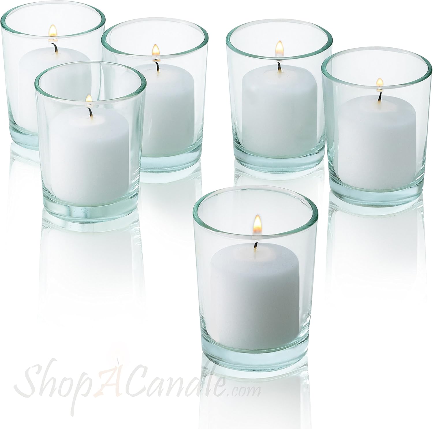 Clear Glass Round Votive Candle Holders With White votive candles Burn