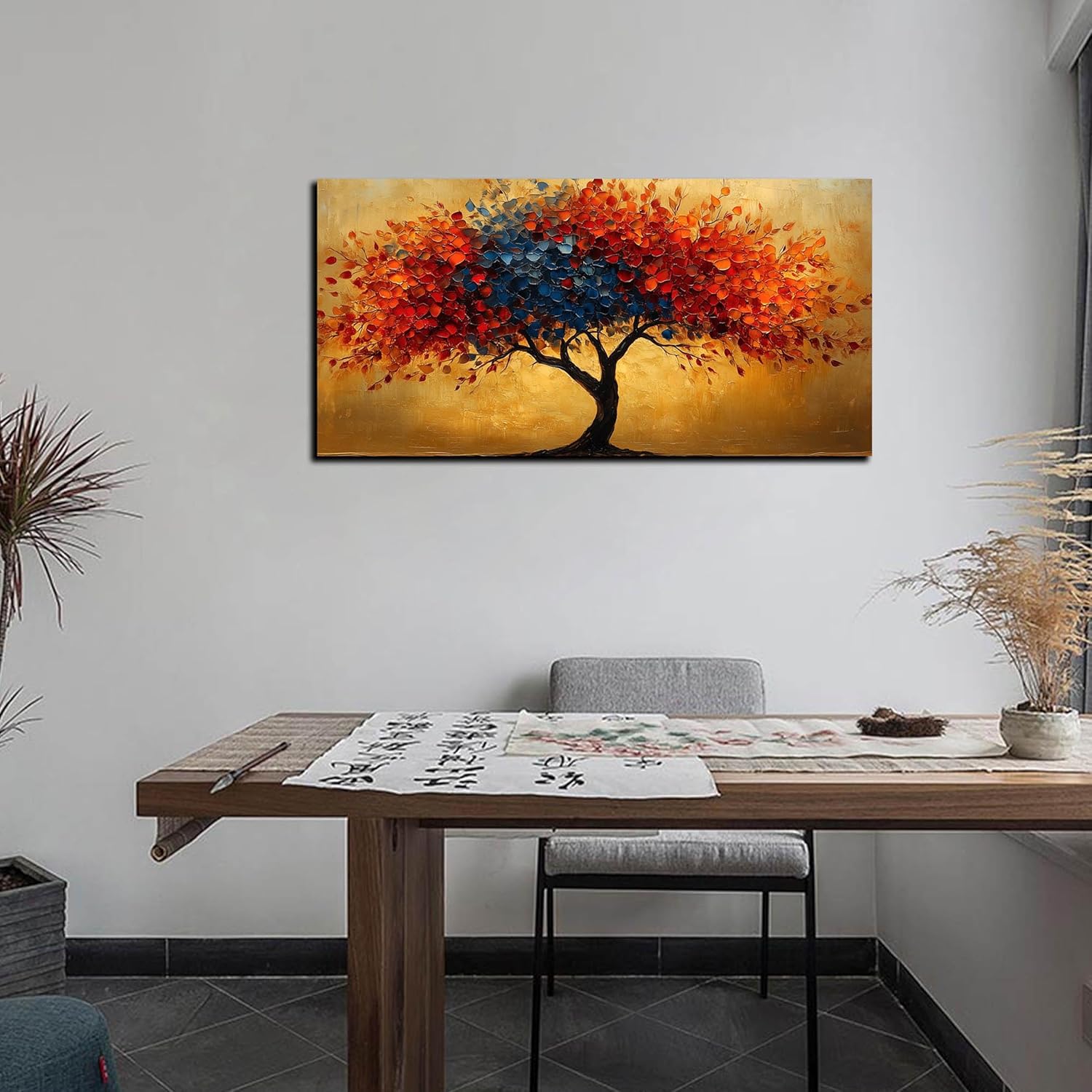 CANEITO Tree Wall Art for Living Room, Red Blue and Gold Wall-Decor for Bedroom, Natural Canvas Prints Pictures for Hallway Office, Size 40x20 Inches - Image 6