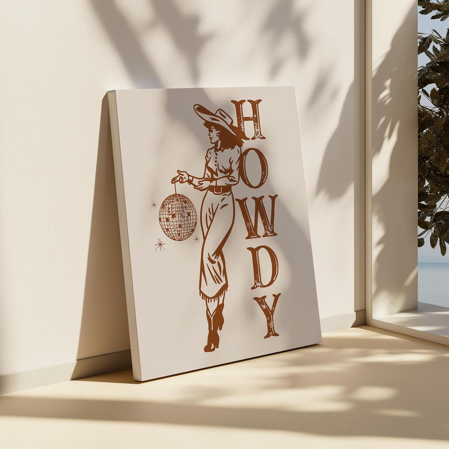 Poster Master Disco Cowgirl Canvas - Retro Brown Western Print - Wild West Art - Gift for Men & Women - Howdy Art - Great Wall Decor for Bar, Club or Disco - 8x10 STRETCHED Canvas
