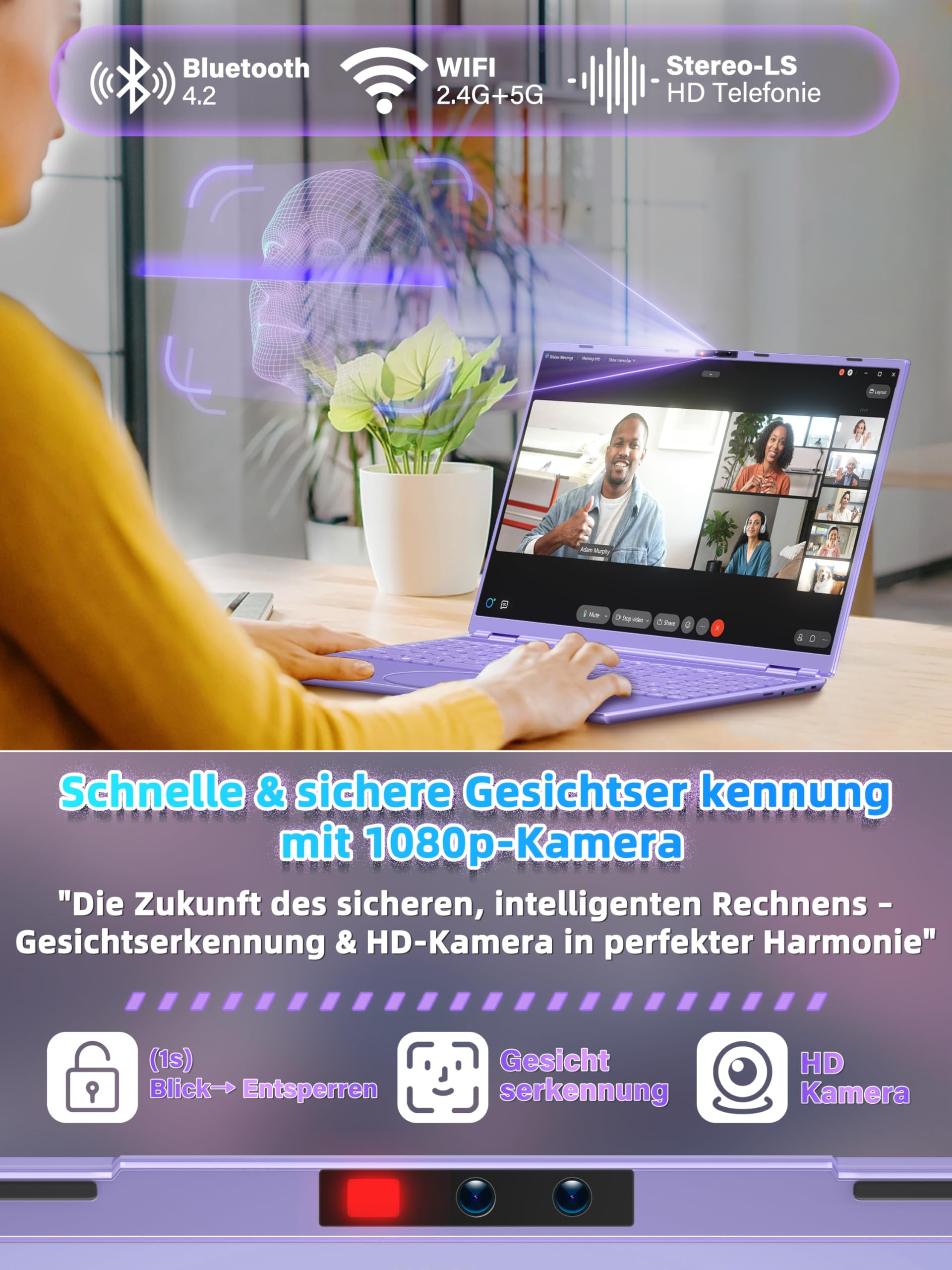 16 Zoll FHD Laptop Lila, 1TB SSD, 16GB DDR4 RAM, Quad-Core N95 CPU