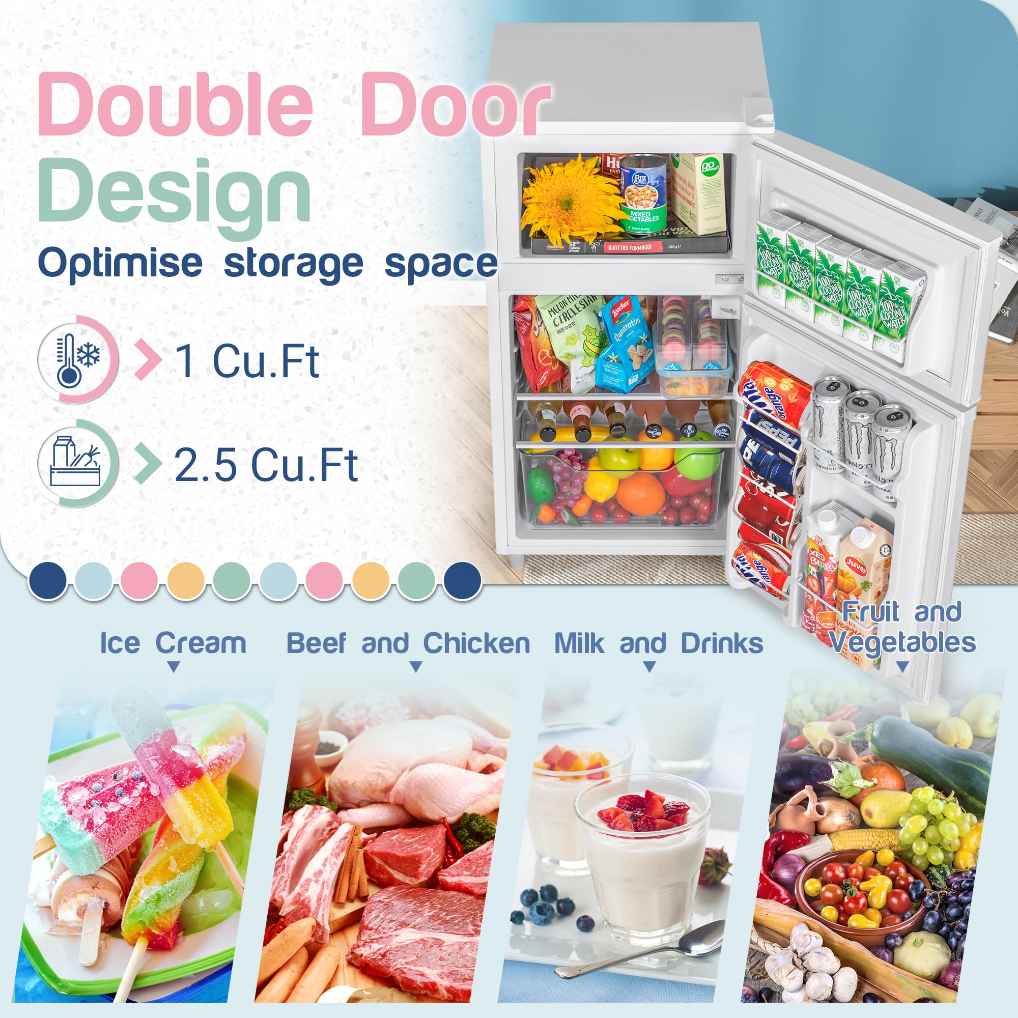 Double Door Refrigerator With Freezer, 3.5 Cu.Ft, Small Fridge With Freezer, 7 Settings Temperature Adjustable, Mini Refrigerator For Apartment Bedroom Dorm And Office (3.5 Cu.Ft, White) on Fridge.com - View 3