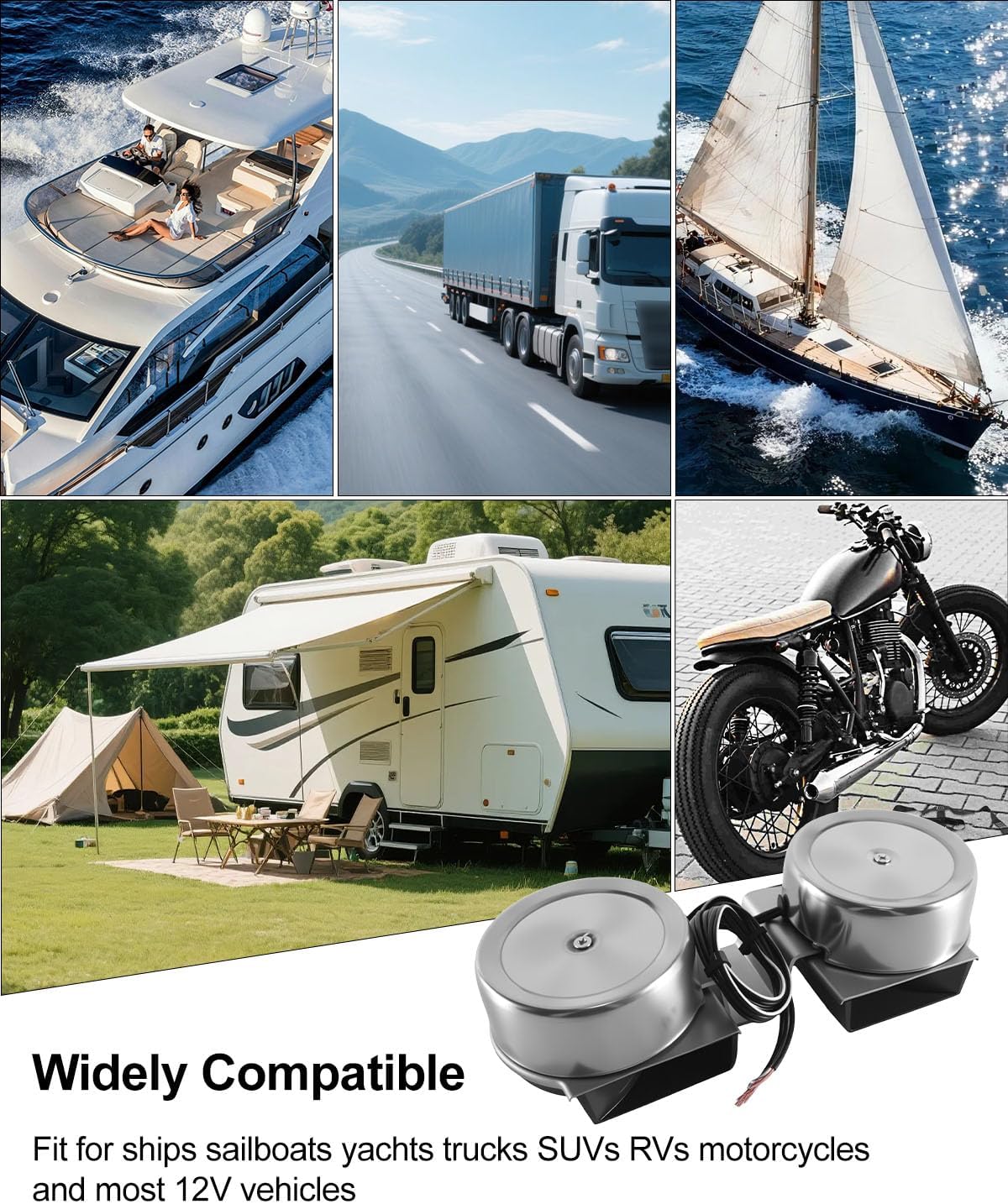 1 pair 12V Marine Horn, 125dB Super Loud Waterproof Stainless Steel Electric High-Low Tone Horn forBoats, Cars, Trucks, Motorcycles and Yachts