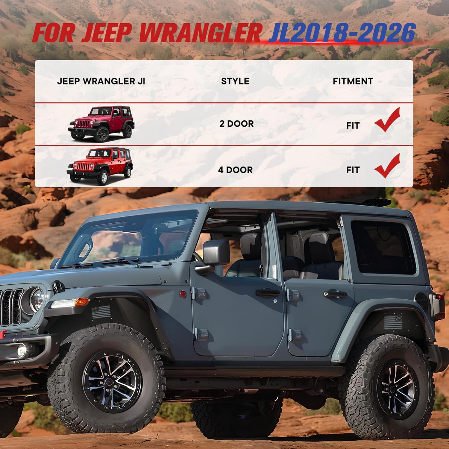 Aluminum Inner Fender Liners fit for Jeep Wrangler JL JLU 2018-2026 (2/4 Door) Lightweight Off-Road Splash Guards Front & Rear 4PCS Wheel Well Cover with DIY Paintable US Flag Cutout Design