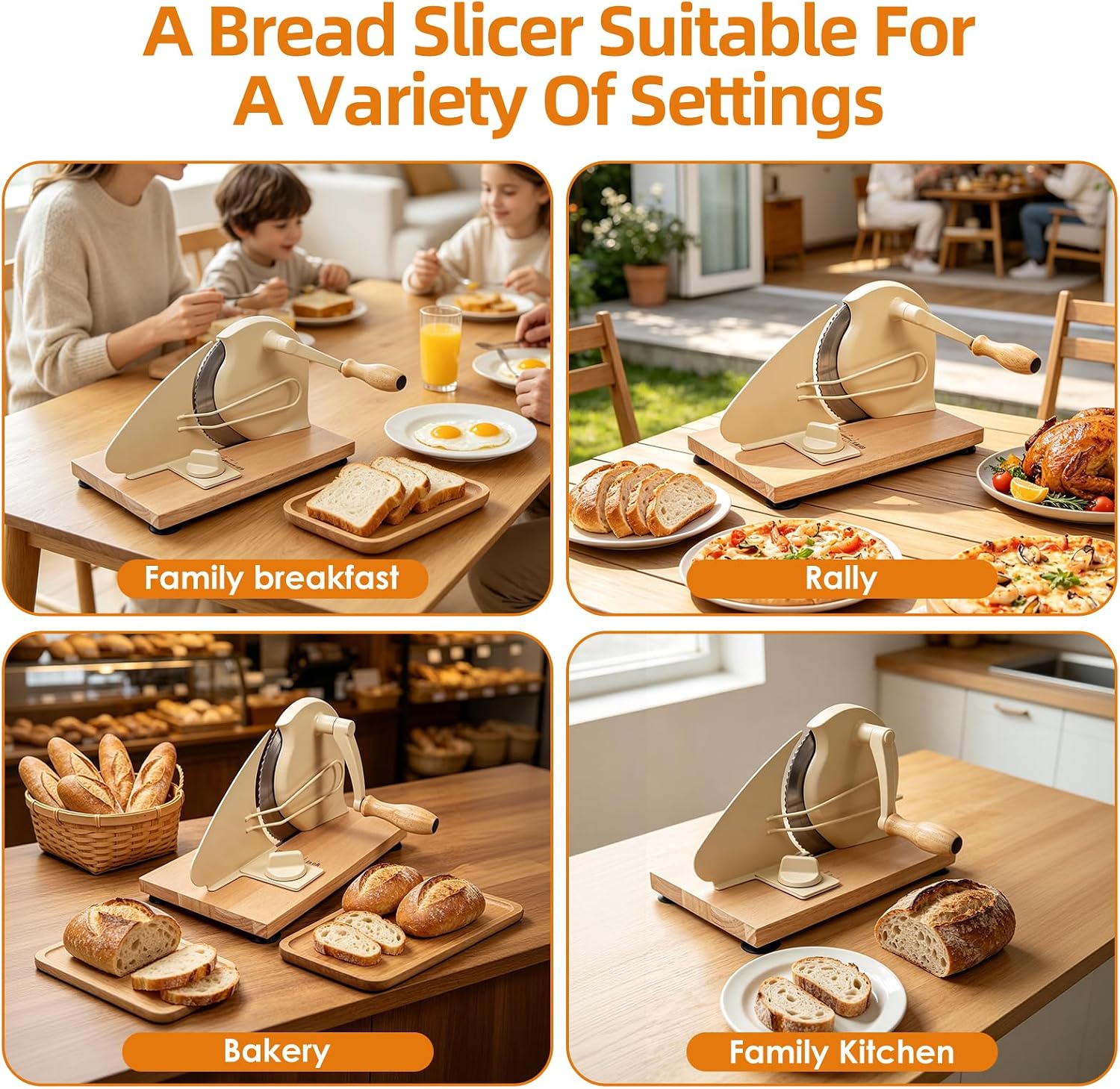 Manual Bread Slicer with Hand Crank for Homemade Sourdough, Adjustable Thickness Bread Cutter with Oak Wood Base, Metal Guide Rail and Strong Suction Cups