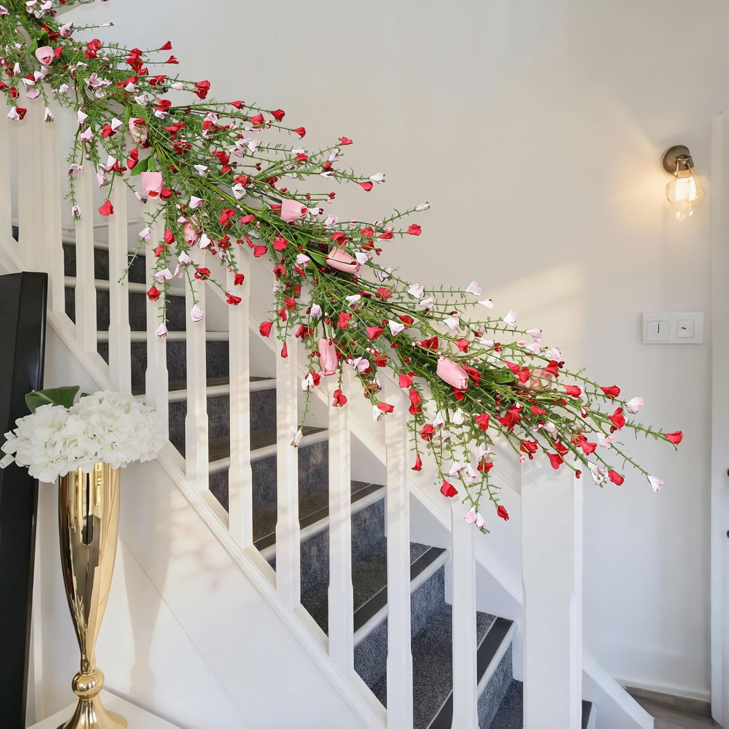 5 ft Valentine Tulip Garland for Mantel Pink Floral Garland with Tuilps Heart Berry Decorations for Valentine's Day Indoor Wedding Party Stairs Table Fireplace