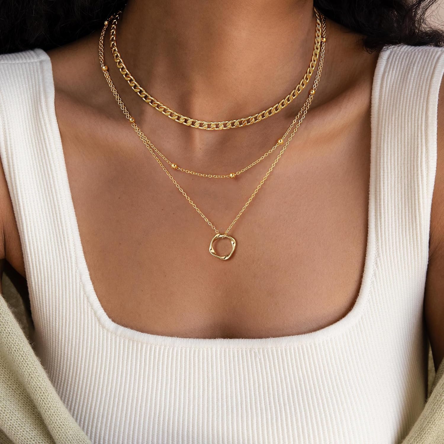 Layered Necklaces for Women，14K Gold Plated Twist Circle Pendant Dainty Paperclip Chain Necklace Stack Trendy Layering Stackable Chain Choker Set Minimalist Gold Jewelry Gift for Women - Image 2