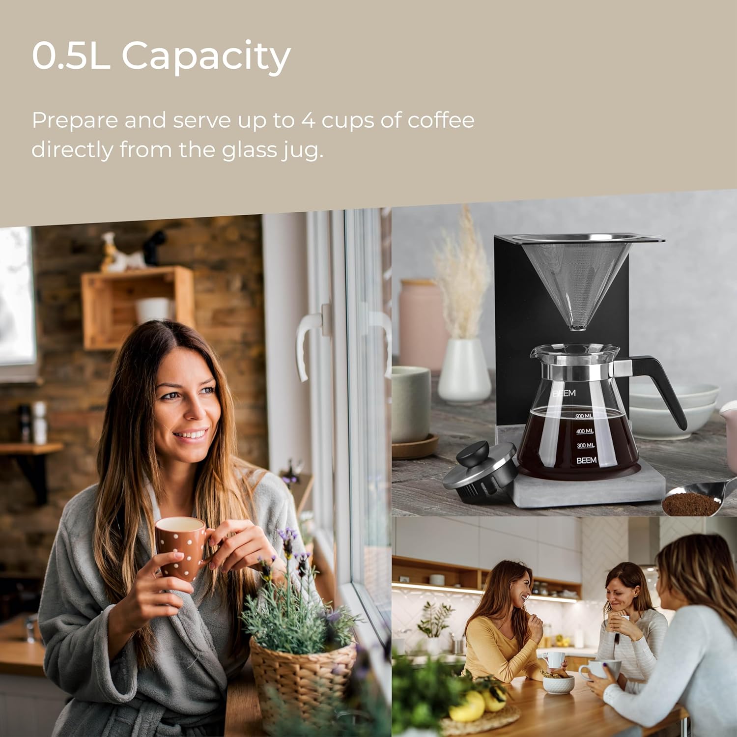 BEEM - Pour Over Coffee Maker, 4 Piece Coffee Dripper Machine with Glass Jug, Serves up to 4 Cups (0.5L)