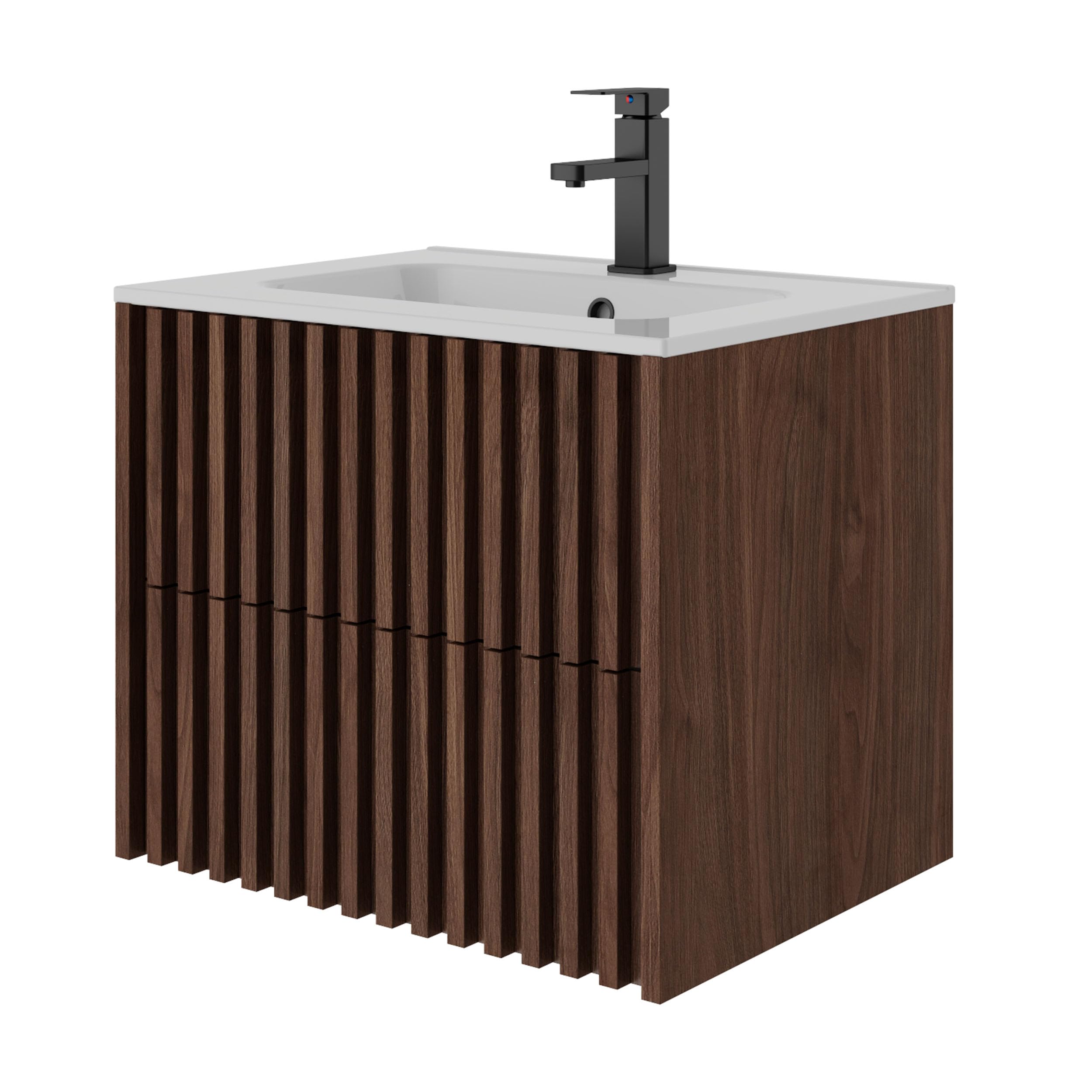 UEV Umywalka z szafką pod umywalkę, 60 cm, wisząca, umywalka ceramiczna, meble łazienkowe, zestaw mebli łazienkowych dla gości, zestaw mebli łazienkowych, ciemnobrązowa