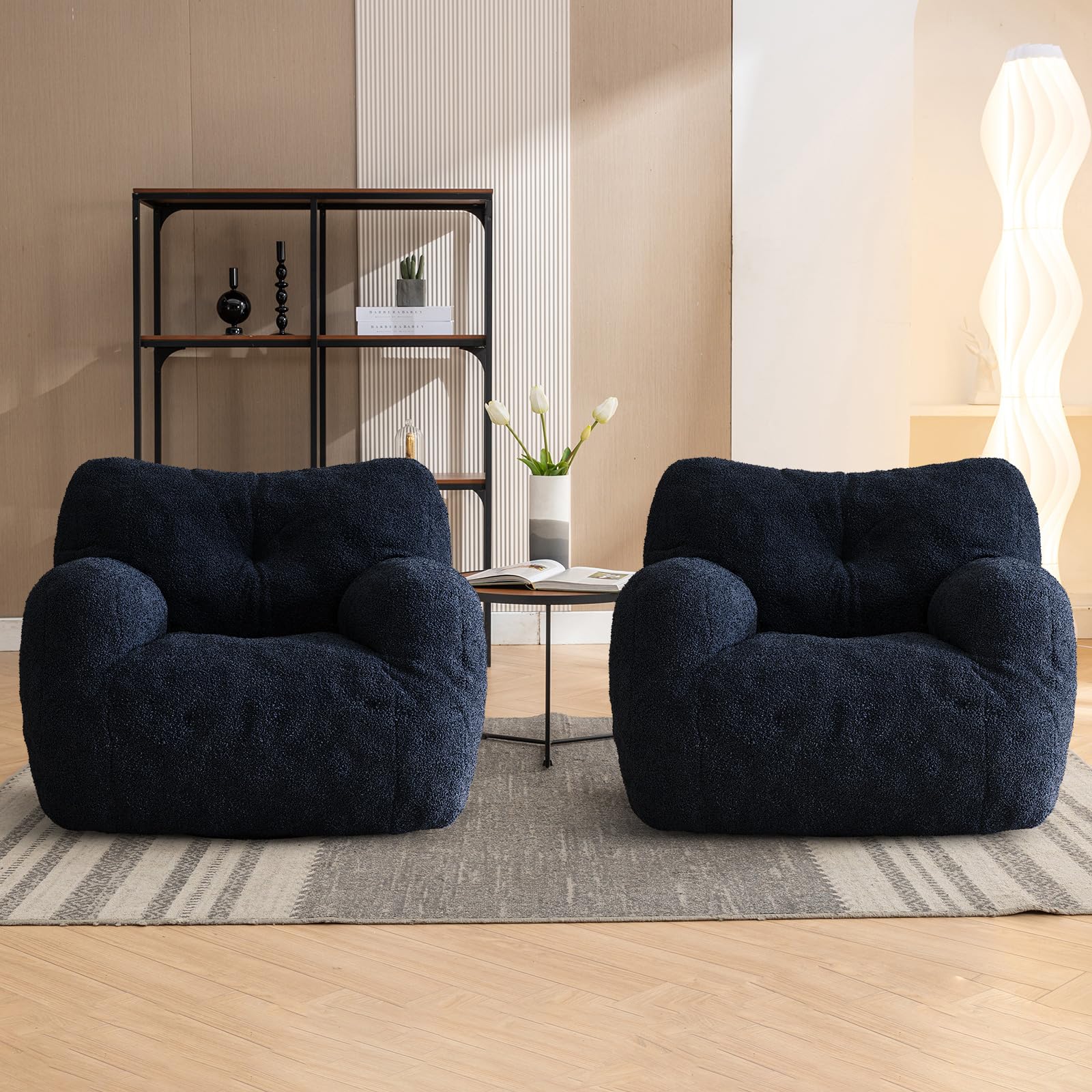 COCONINO WJ Bean Bag Chair, Filled Beanbag Chair for Living Room, Stuffed Beanbag Chairs, Comfy Bean Bag Chairs with Filling (Teddy Fabric in Dark Blue Set of 2, 39.37