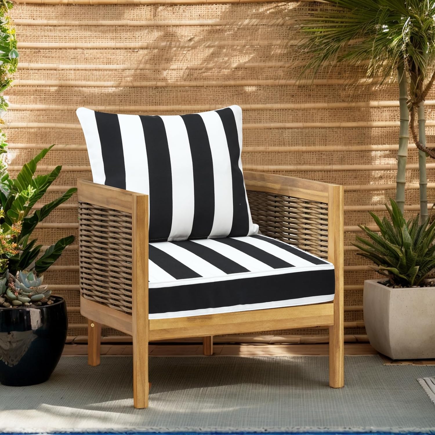 Outdoor Deep Seat Cushion Set 24 x 24 Inch, Waterproof Patio Furniture Cushions with Removable Cover, Outdoor Chair Cushions for Couch, Sofa and Patio Chairs, Black White Stripe