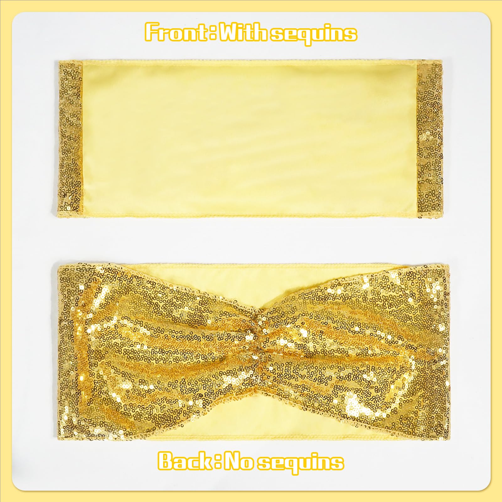 Poise3EHome Set of 50 Stretch Sequin Chair Sashes Bands Gold One-Sided Sequins Decorative Bows for Wedding Party Event Chair Covers