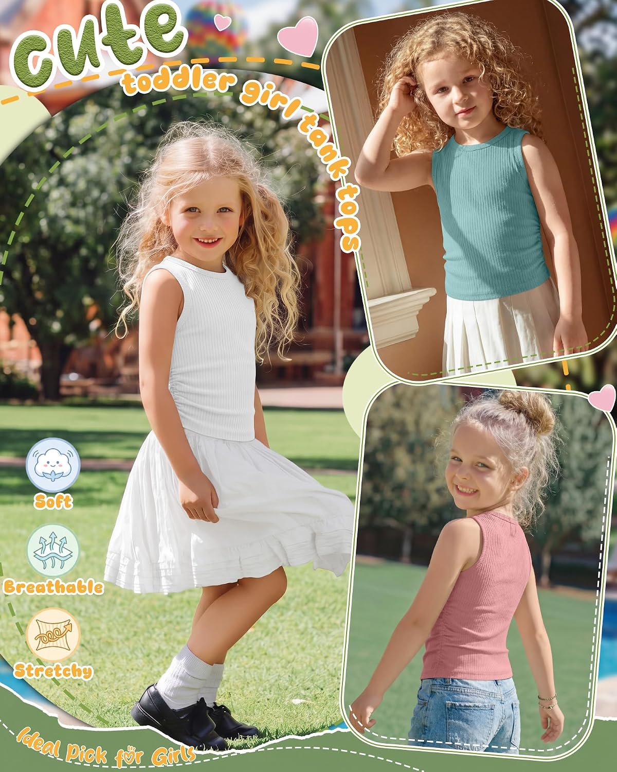4 Pack Toddler Girls' Tank Tops Sleeveless Cotton Ribbed Undershirt Summer Crew Neck Side Ruched Camisole 18M-5T