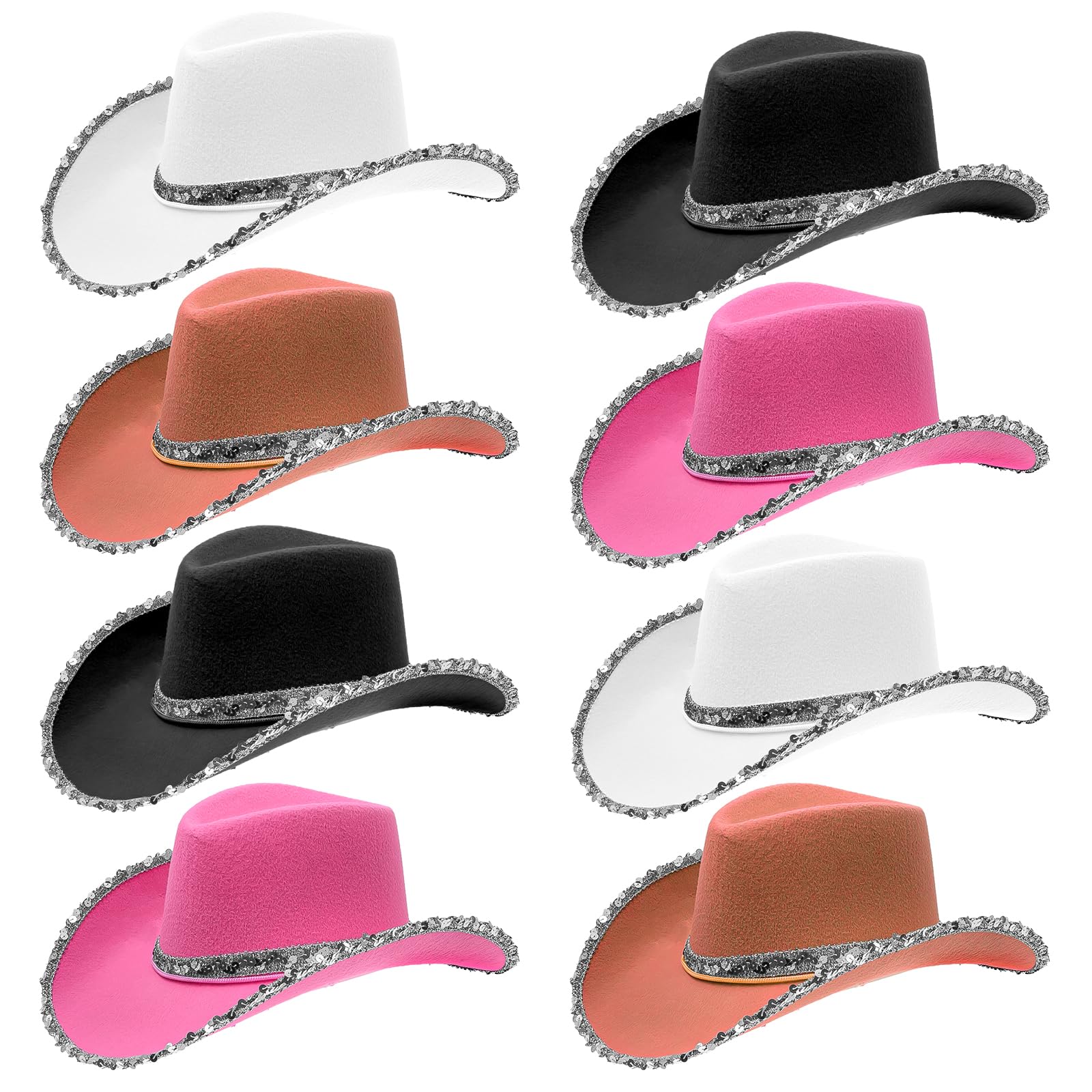 8 Pack Sequin Cowboy Hat Bulk Western Cowgirl Hat for Women Texan Country Cow Boy Party Hats for Adult Wedding, Christmas, Fancy Dress, Hen Party, Birthday