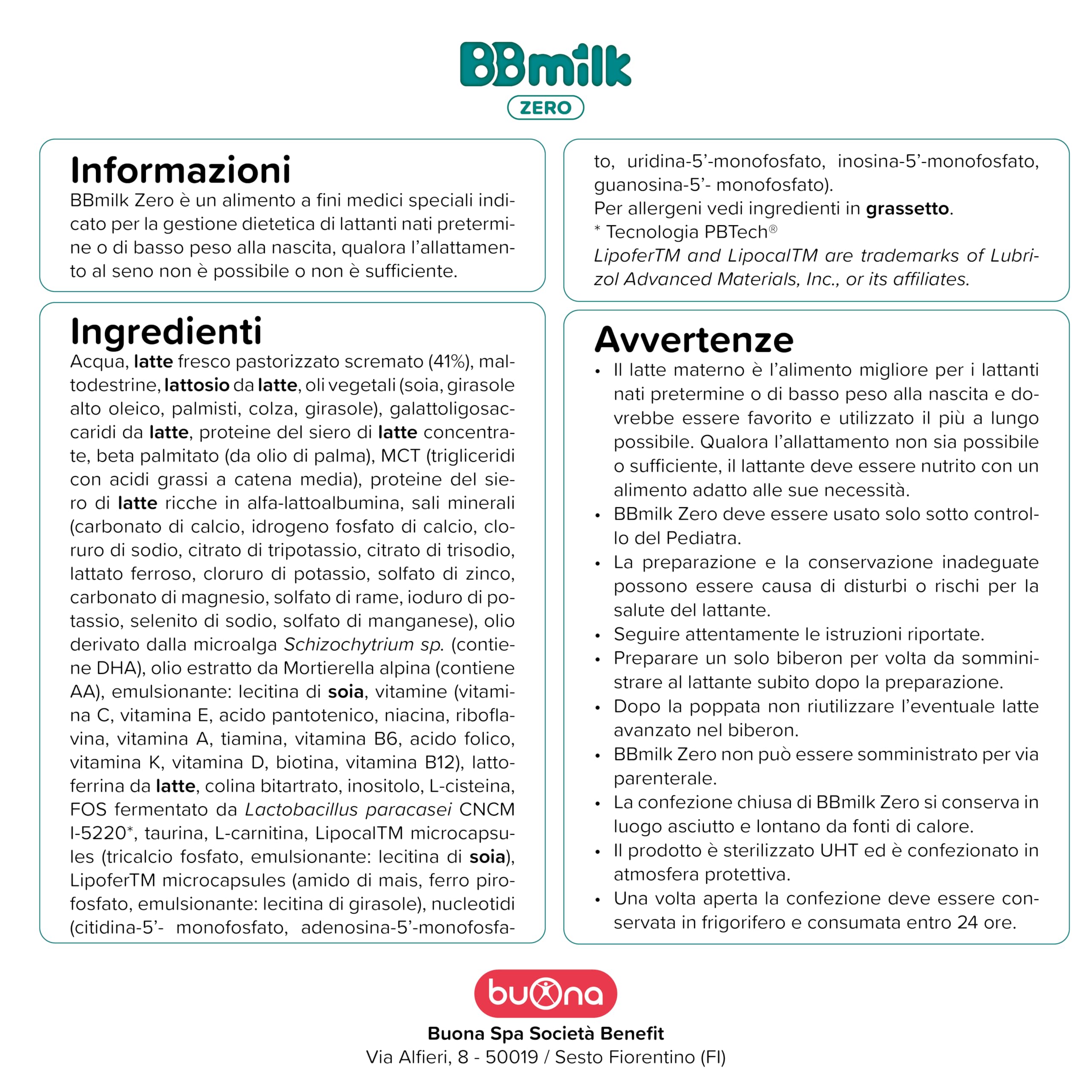 Buona BB Milk Zero per Neonati Prematuri e/o di Basso Peso 500ml Pack da 12, Liquido Pronto all'Uso, Alimento a Fini Medici Speciali, con Proteine del Siero di Latte, Alfa-Lattalbumina e Lattoferrina